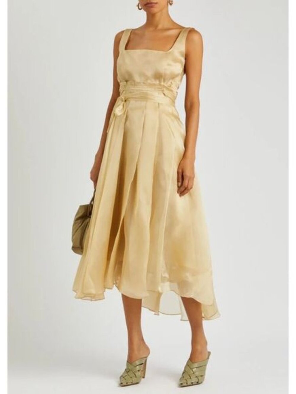 NWT AWAKE Mode Sleeveless Asymmetric Hem Silky Organza Midi Dress Beige $2035